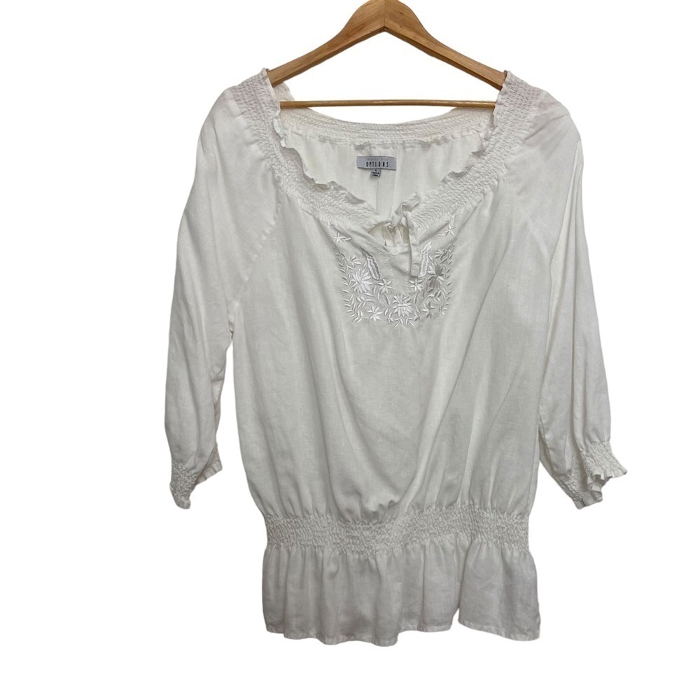 AUGUST Silk Options blouse 100% linen embroidered smock waist 3/4 sleeves Large